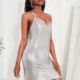 Funkelndes, ärmelloses Party-Minikleid mit überkreuztem Rücken und offenem Rücken - Silber